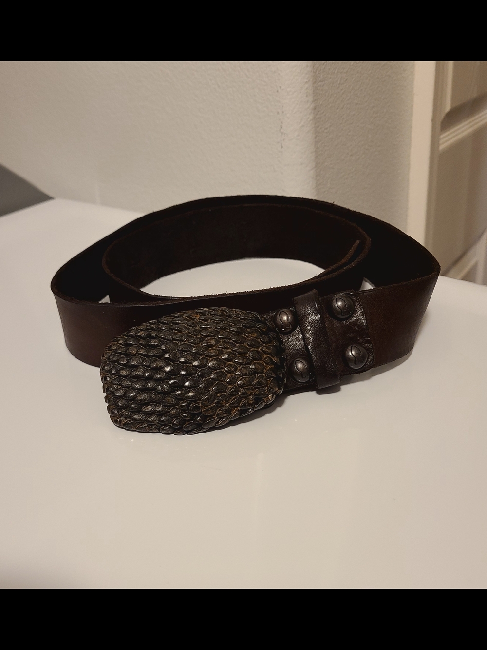 Campomaggi Brown Leather Belt with Textured Scale Buckle